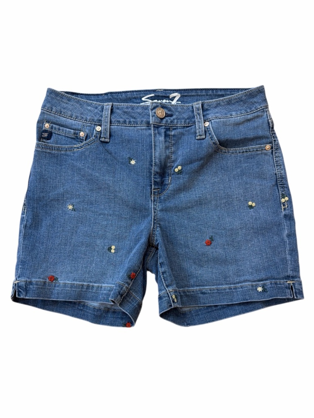 Seven7 Blue Embroidered Flower Denim Shorts